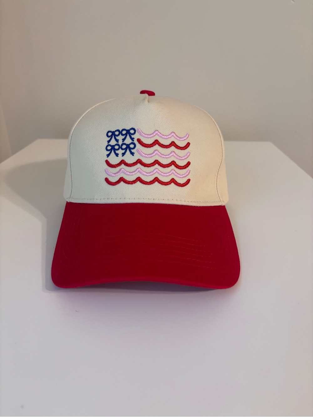 Americana Bow Flag Embroidered Baseball Hat Red White Blue Patriotic Cap